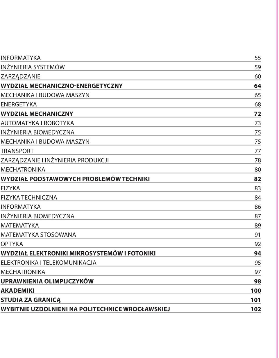 PROBLEMÓW TECHNIKI 82 FIZYKA 83 FIZYKA TECHNICZNA 84 INFORMATYKA 86 INŻYNIERIA BIOMEDYCZNA 87 MATEMATYKA 89 MATEMATYKA STOSOWANA 91 OPTYKA 92 WYDZIAŁ ELEKTRONIKI