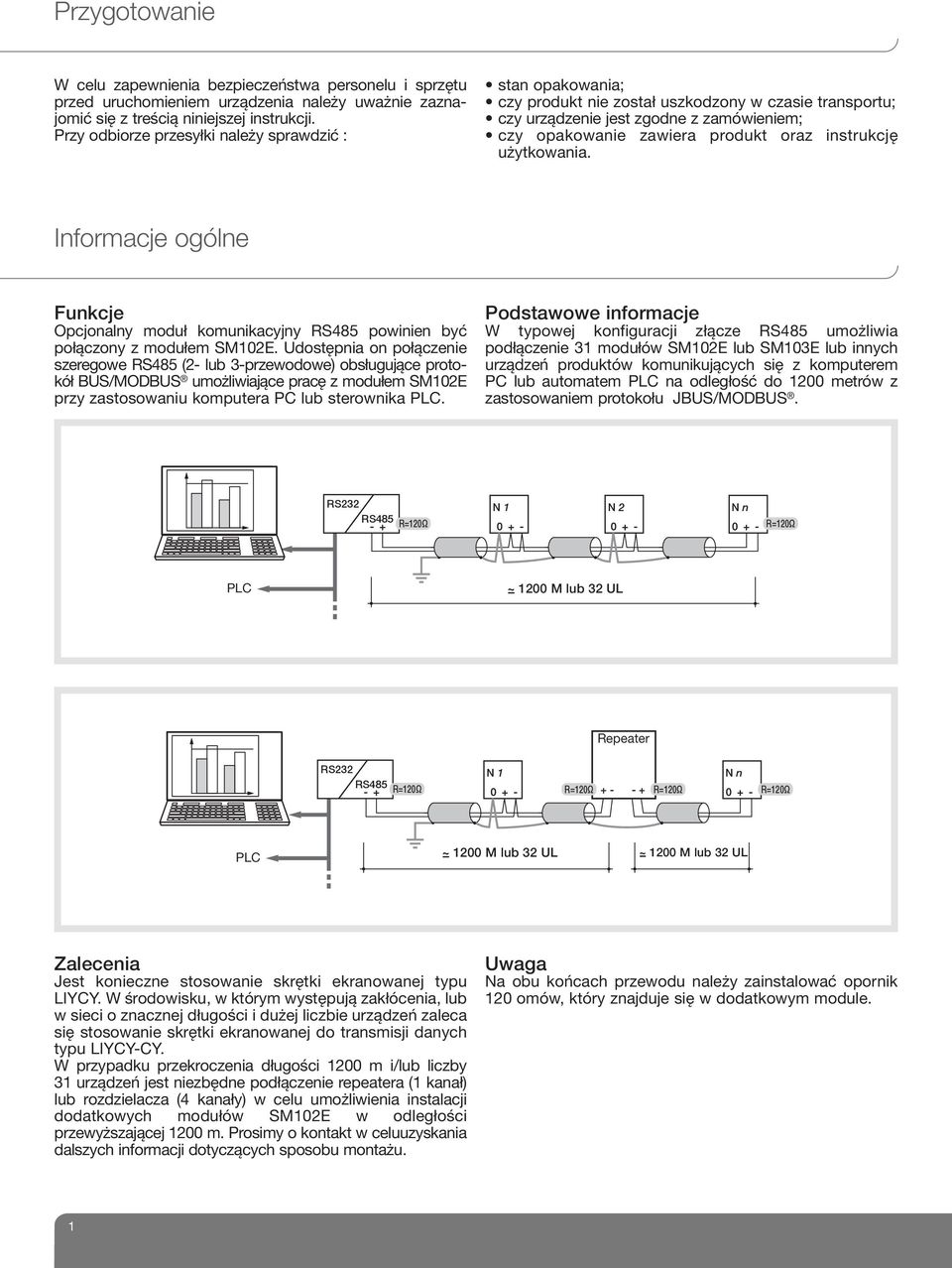 instrukcję użytkowania. Informacje ogólne Funkcje Opcjonalny moduł komunikacyjny RS485 powinien być połączony z modułem SM102E.