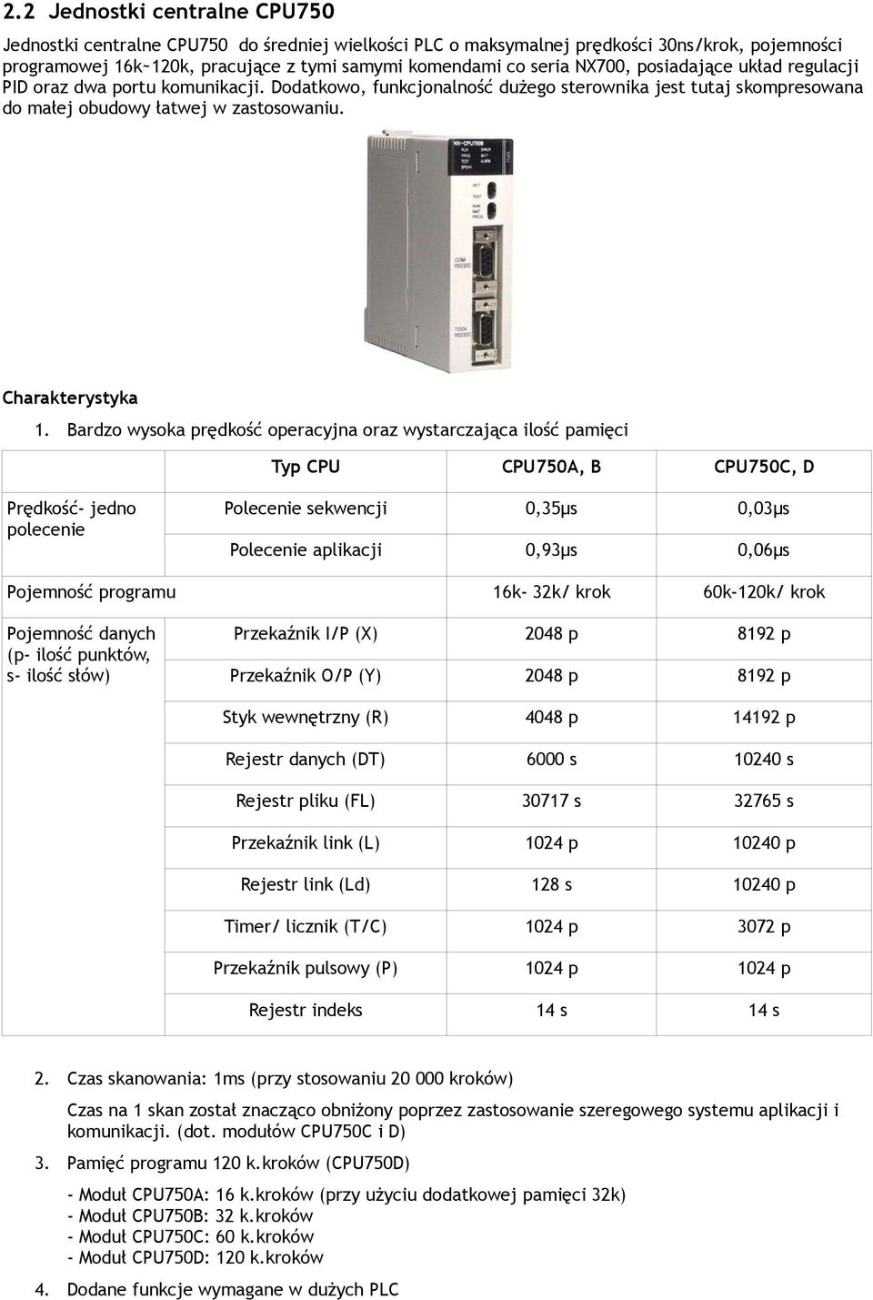 Bardzo wysoka prędkość operacyjna oraz wystarczająca ilość pamięci Prędkość- jedno polecenie Typ CPU CPU750A, B CPU750C, D Polecenie sekwencji 0,35μs 0,03μs Polecenie aplikacji 0,93μs 0,06μs 6k- 32k/