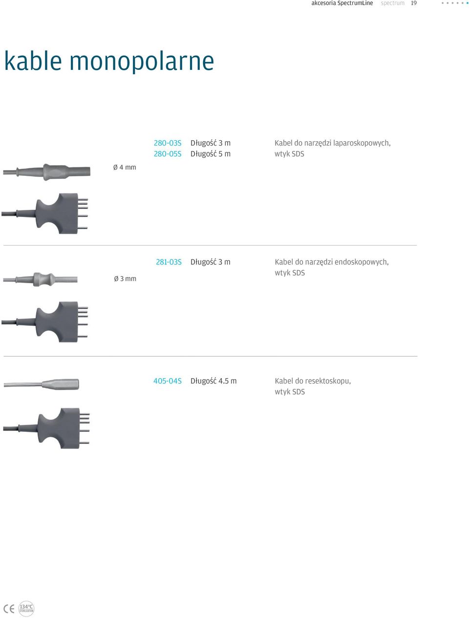 laparoskopowych, wtyk SDS Ø 3 mm 281-03S Długość 3 m Kabel do