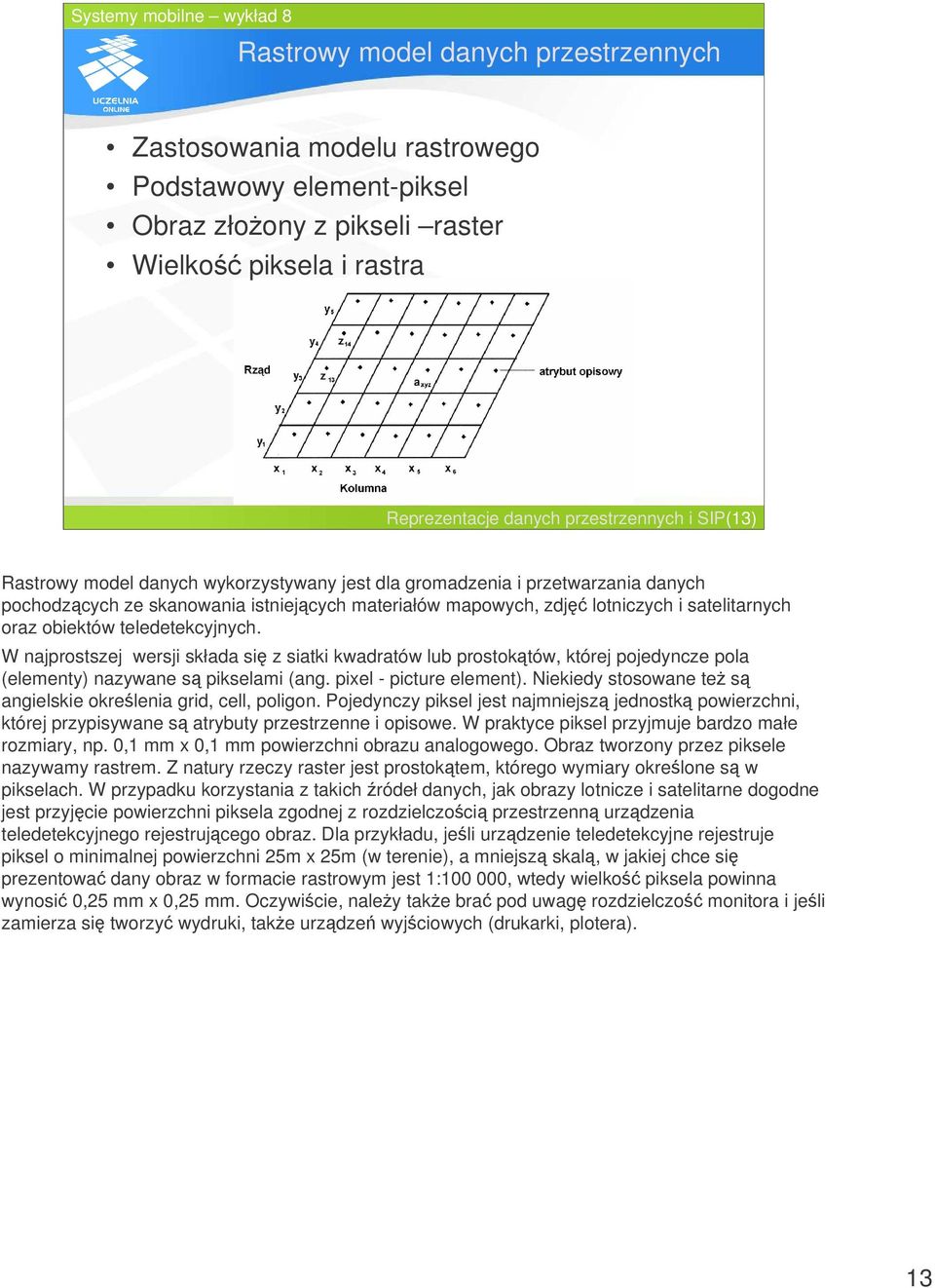 teledetekcyjnych. W najprostszej wersji składa si z siatki kwadratów lub prostoktów, której pojedyncze pola (elementy) nazywane s pikselami (ang. pixel - picture element).