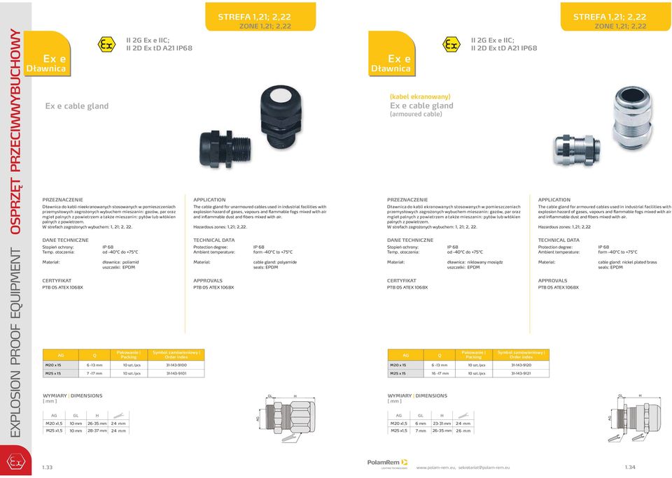 otoczenia: od -40 C do +75 C Materiał: dławnica: poliamid uszczelki: EPDM PT 05 TEX 1068X M20 x 15 M25 x 15 G Q 6-13 mm 7-17 mm G M20 x1,5 M25 x1,5 G 10 mm 26-35 mm 24 mm 10 mm 28-37 mm 24 mm II 2G