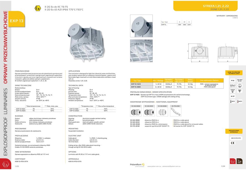 otoczenia: od -25⁰C do +45⁰C EXP 13-1420 T6 75⁰C EXP 13-2420 T5 93⁰C UDOW Korpus: Klosz: iatka ochronna tatecznik: MOCOWIE Oprawa przystosowana do zawieszania.