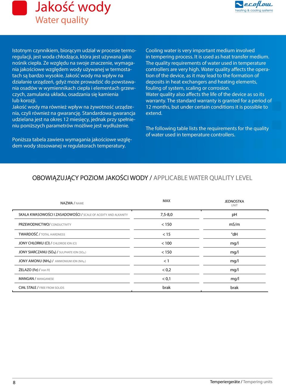 Jakość wody ma wpływ na działanie urządzeń, gdyż może prowadzić do powstawania osadów w wymiennikach ciepła i elementach grzewczych, zamulania układu, osadzania się kamienia lub korozji.