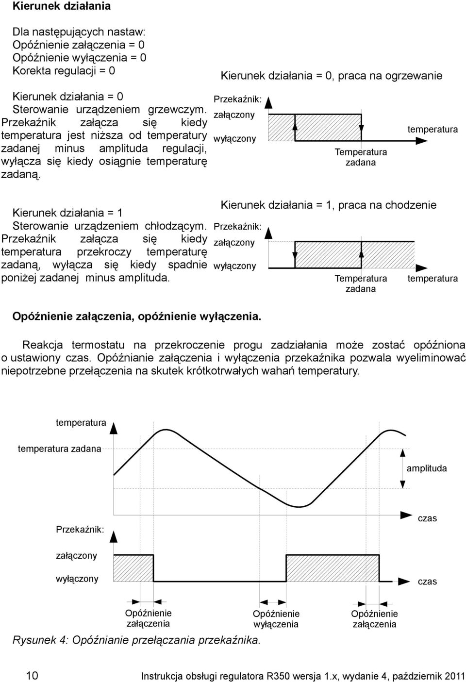 Przekaźnik: załączony wyłączony Temperatura zadana temperatura Kierunek działania = 1 Sterowanie urządzeniem chłodzącym.