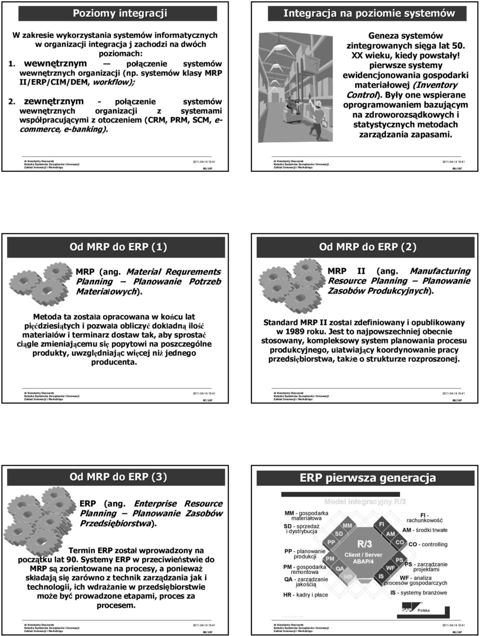 Integracja na poziomie systemów Geneza systemów zintegrowanych sięga lat 50. XX wieku, kiedy powstały! pierwsze systemy ewidencjonowania gospodarki materiałowej (Inventory Control).