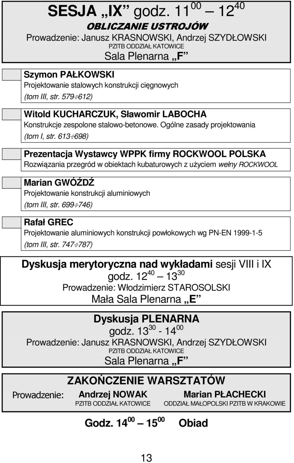 613 698) Prezentacja Wystawcy WPPK firmy ROCKWOOL POLSKA Rozwiązania przegród w obiektach kubaturowych z użyciem wełny ROCKWOOL Marian GWÓŹDŹ Projektowanie konstrukcji aluminiowych (tom III, str.