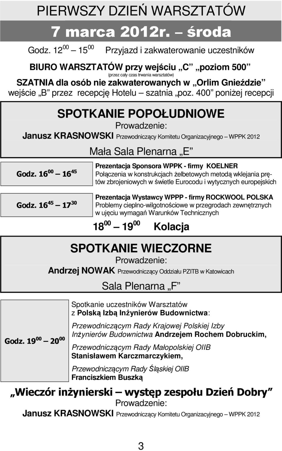 przez recepcję Hotelu szatnia poz. 400 poniżej recepcji SPOTKANIE POPOŁUDNIOWE Prowadzenie: Janusz KRASNOWSKI Przewodniczący Komitetu Organizacyjnego WPPK 2012 Godz.