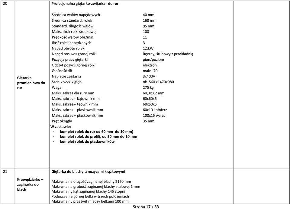 pozycji górnej rolki elektron. Głośność db maks. 70 Napięcie zasilania 3x400V Szer. x wys. x głęb. ok. 560 x470x980 Waga 275 kg Maks. zakres dla rury mm 60,3x3,2 mm Maks.