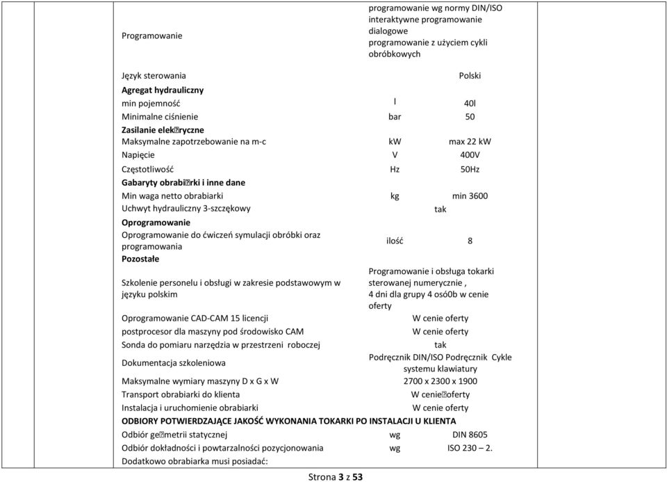 hydrauliczny 3-szczękowy tak Oprogramowanie Oprogramowanie do ćwiczeń symulacji obróbki oraz programowania ilość 8 Pozostałe Szkolenie personelu i obsługi w zakresie podstawowym w języku polskim