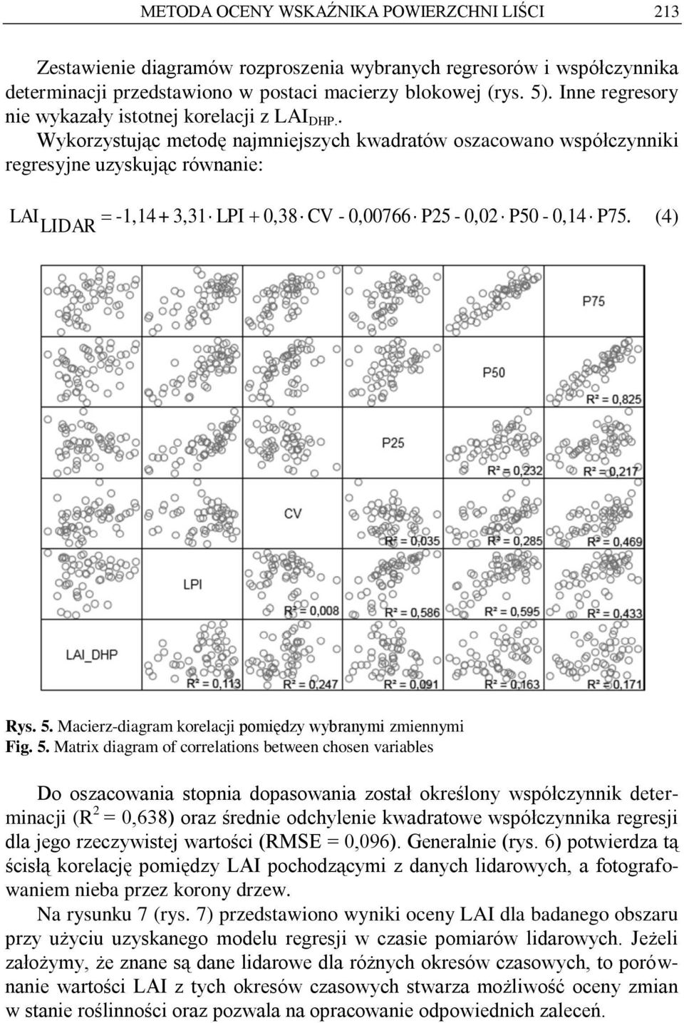 . Wykorzystując metodę najmniejszych kwadratów oszacowano współczynniki regresyjne uzyskując równanie: LAI LIDAR -1,14+ 3,31 LPI 0,38 CV - 0,00766 P25-0,02 P50-0,14 P75. (4) Rys. 5.