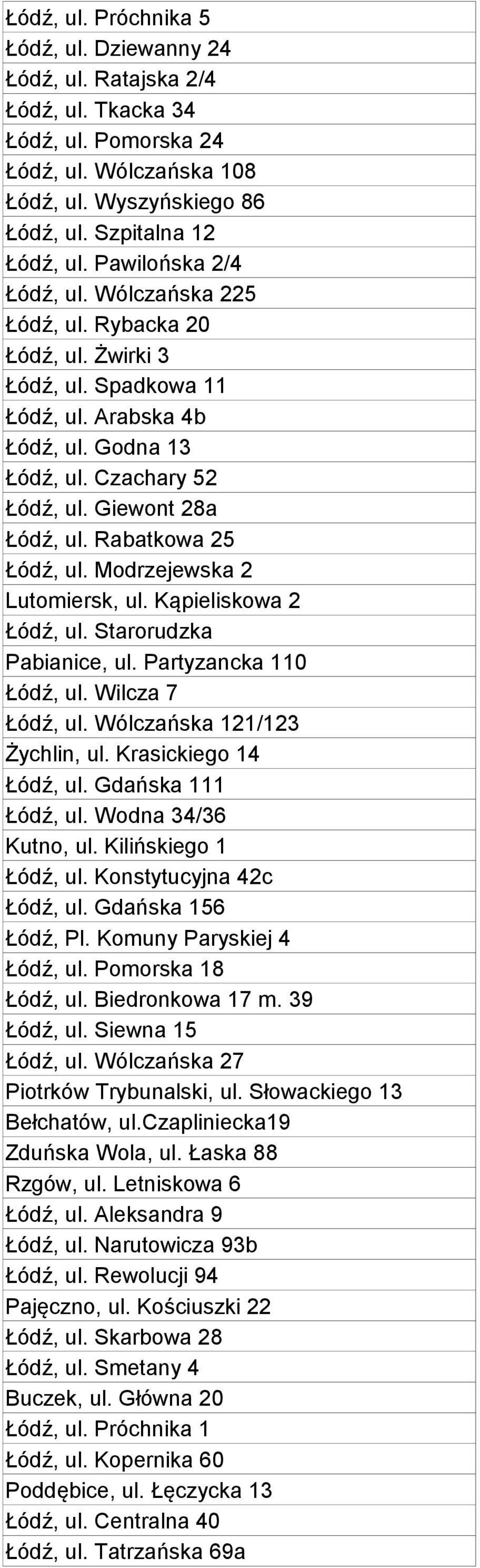 Rabatkowa 25 Łódź, ul. Modrzejewska 2 Lutomiersk, ul. Kąpieliskowa 2 Łódź, ul. Starorudzka Pabianice, ul. Partyzancka 110 Łódź, ul. Wilcza 7 Łódź, ul. Wólczańska 121/123 Żychlin, ul.