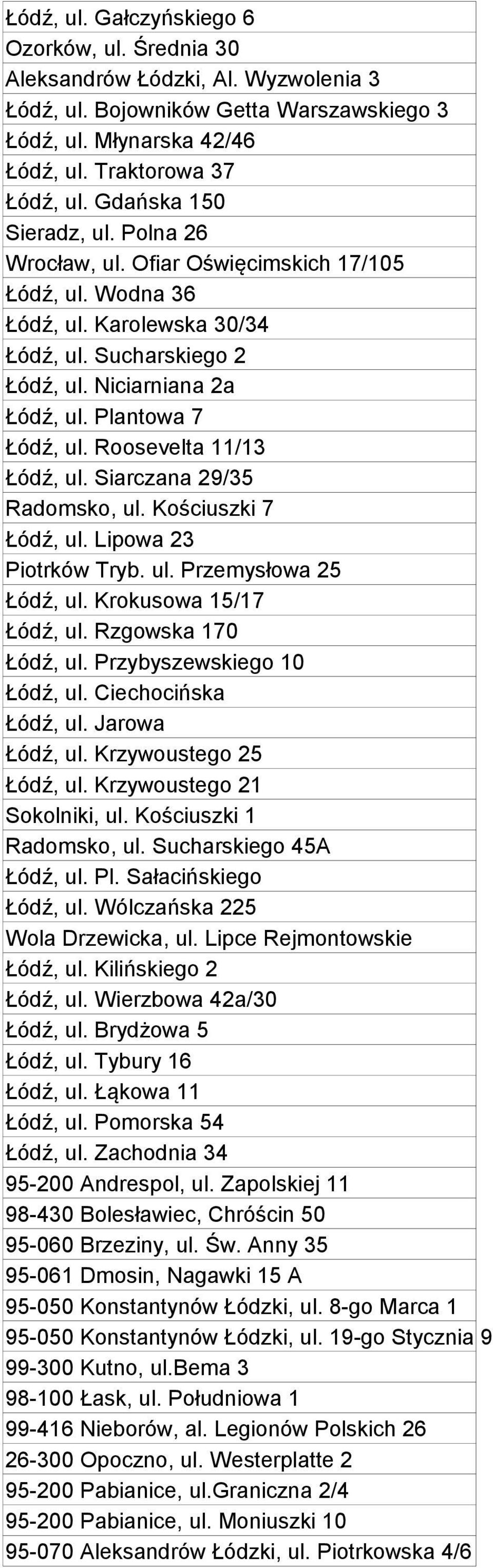 Roosevelta 11/13 Łódź, ul. Siarczana 29/35 Radomsko, ul. Kościuszki 7 Łódź, ul. Lipowa 23 Piotrków Tryb. ul. Przemysłowa 25 Łódź, ul. Krokusowa 15/17 Łódź, ul. Rzgowska 170 Łódź, ul.