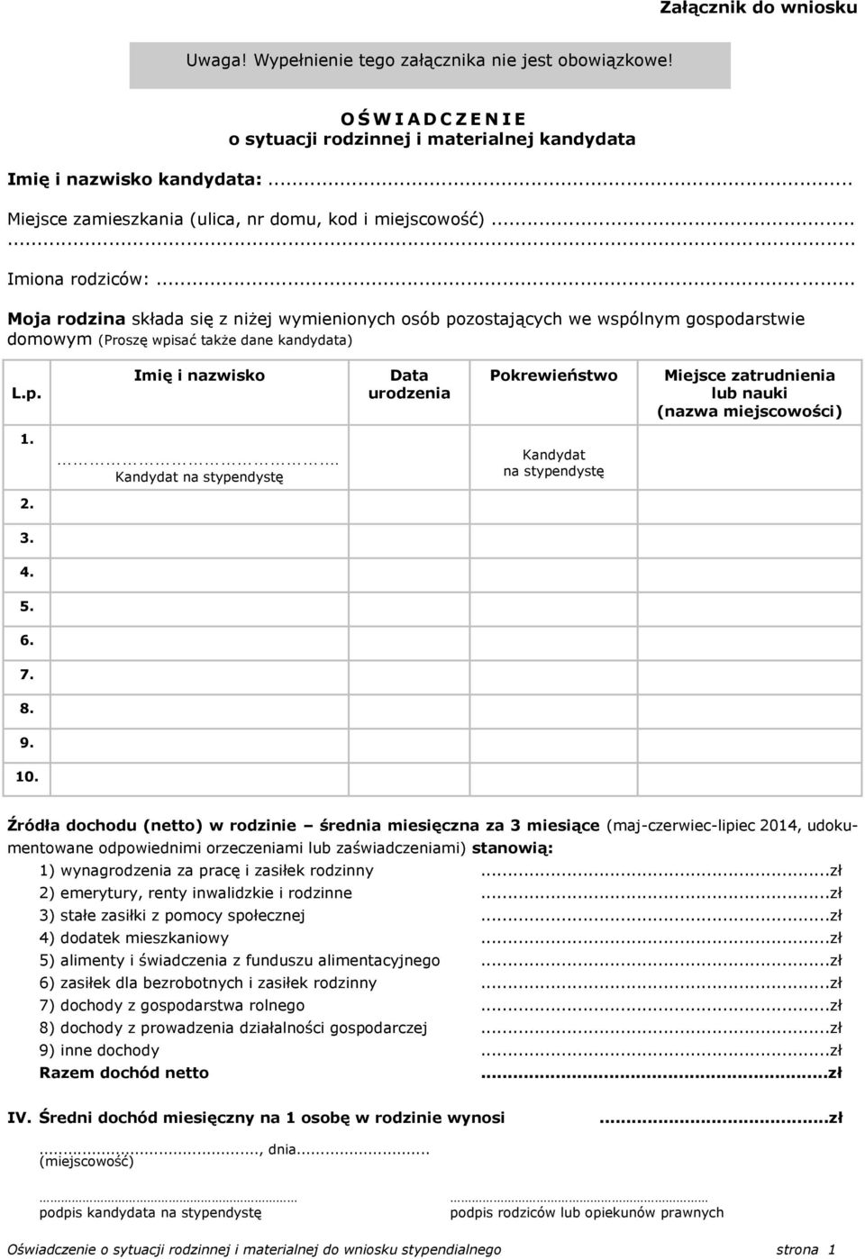 .. Moja rodzina składa się z niżej wymienionych osób pozostających we wspólnym gospodarstwie domowym (Proszę wpisać także dane kandydata) L.p. Imię i nazwisko Data urodzenia Pokrewieństwo Miejsce zatrudnienia lub nauki (nazwa miejscowości) 1.