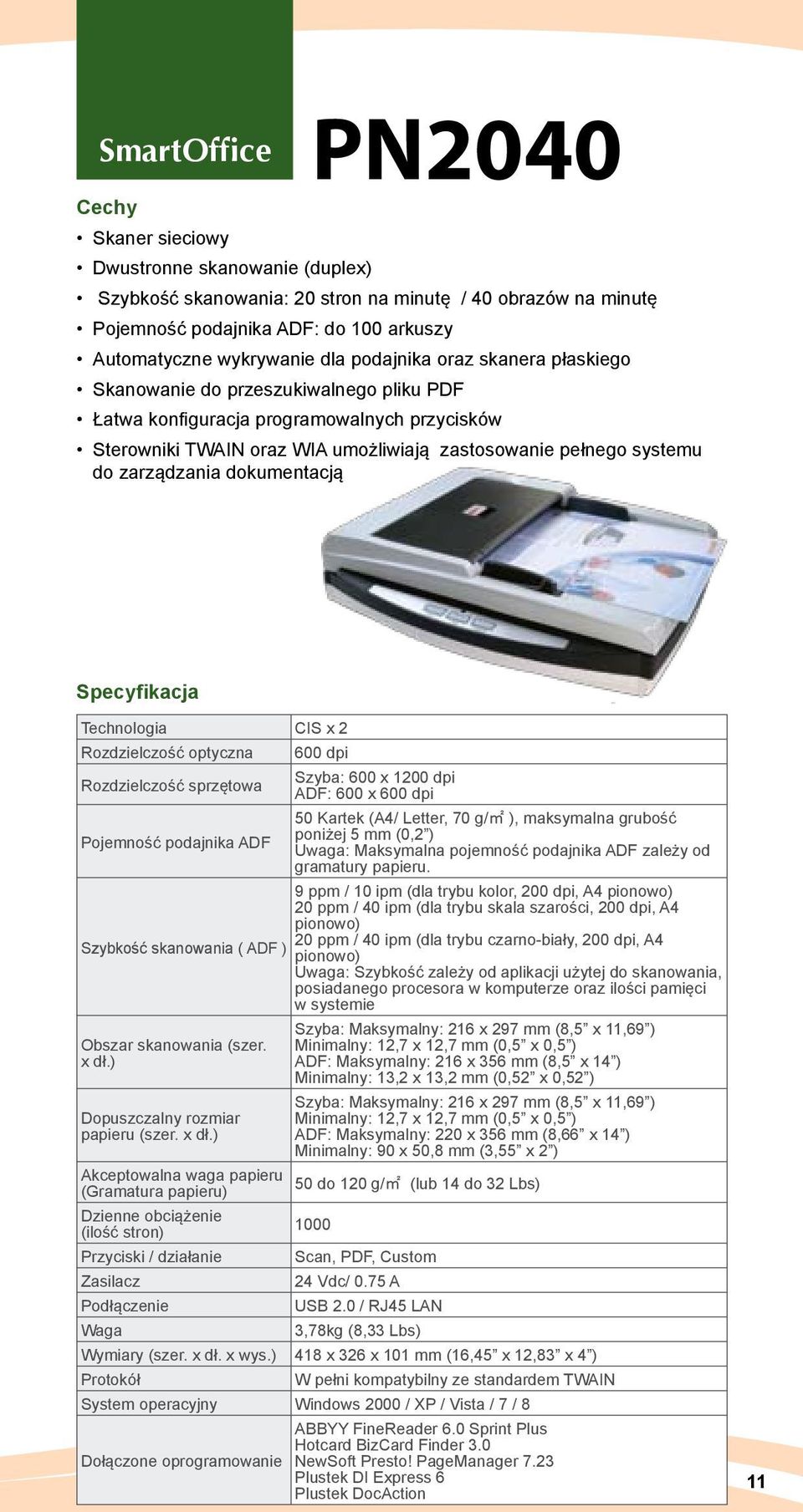 zarządzania dokumentacją Technologia CIS x 2 Rozdzielczość optyczna Rozdzielczość sprzętowa Pojemność podajnika ADF Szybkość skanowania ( ADF ) Obszar skanowania (szer. x dł.