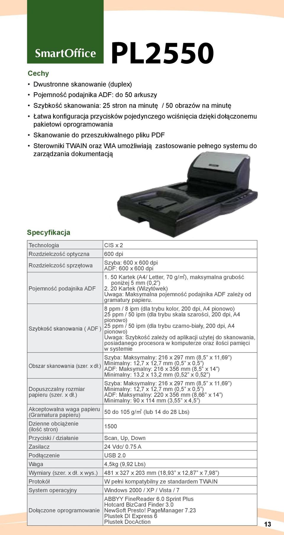 Technologia CIS x 2 Rozdzielczość optyczna Rozdzielczość sprzętowa Pojemność podajnika ADF Szybkość skanowania ( ADF ) Obszar skanowania (szer. x dł.
