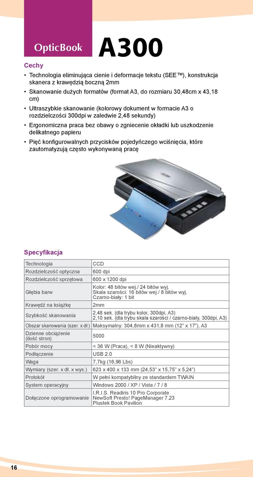 konfigurowalnych przycisków pojedyńczego wciśnięcia, które zautomatyzują często wykonywaną pracę Technologia Rozdzielczość optyczna Rozdzielczość sprzętowa CCD 600 dpi 600 x 1200 dpi Kolor: 48 bitów