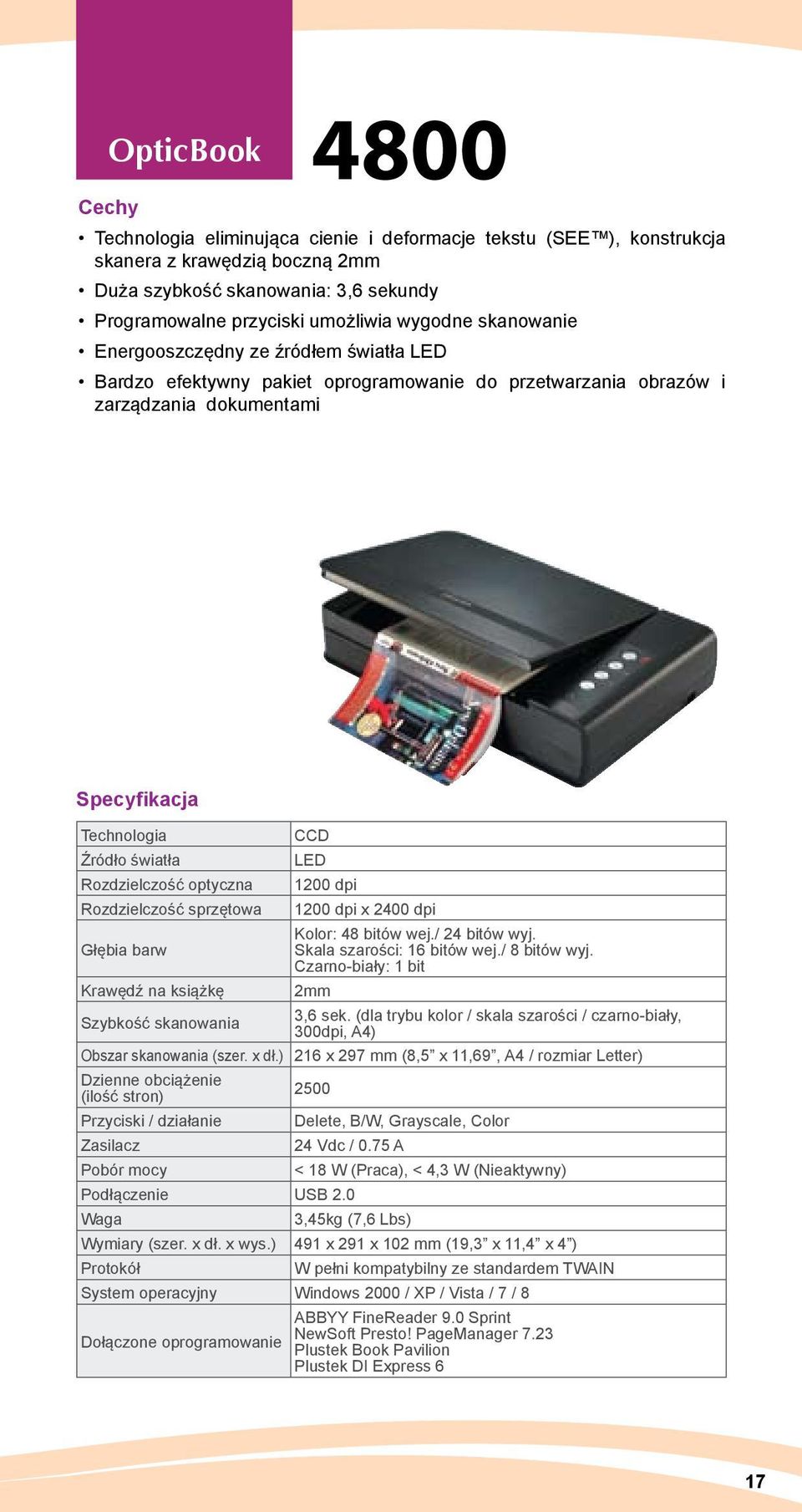 Rozdzielczość sprzętowa CCD LED 1200 dpi 1200 dpi x 2400 dpi Kolor: 48 bitów wej./ 24 bitów wyj. Głębia barw Skala szarości: 16 bitów wej./ 8 bitów wyj.