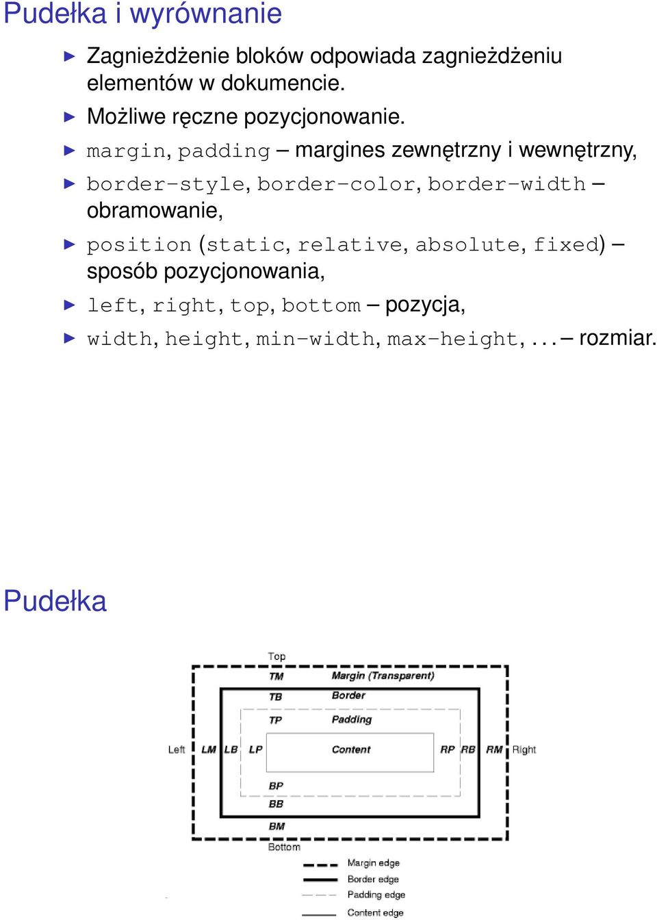 margin, padding margines zewnętrzny i wewnętrzny, border-style, border-color, border-width