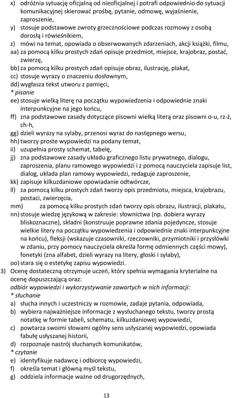 miejsce, krajobraz, postać, zwierzę, bb) za pomocą kilku prostych zdań opisuje obraz, ilustrację, plakat, cc) stosuje wyrazy o znaczeniu dosłownym, dd) wygłasza tekst utworu z pamięci, * pisanie ee)