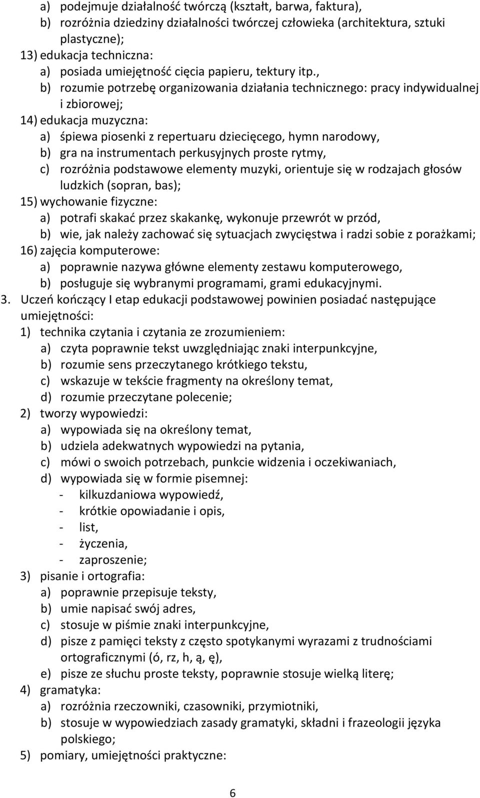 , b) rozumie potrzebę organizowania działania technicznego: pracy indywidualnej i zbiorowej; 14) edukacja muzyczna: a) śpiewa piosenki z repertuaru dziecięcego, hymn narodowy, b) gra na instrumentach