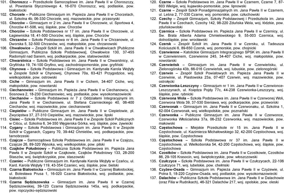 śląskie, pow. Chorzów 104. Chorzów Szkoła Podstawowa nr 17 im. Jana Pawła II w Chorzowie, ul. Łagiewnicka 18, 41-500 Chorzów, woj. śląskie, pow. Chorzów 105. Chrzanów Szkoła Podstawowa nr 6 im.