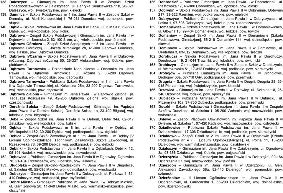 Jana Pawła II w Dąbiu, ul. 3 Maja 6, 62-660 Dąbie, woj. wielkopolskie, pow. kolski 141. Dąbrowa Zespół Szkoły Podstawowej i Gimnazjum im. Jana Pawła II w Dąbrowie, ul. Śremska 2, 63-100 Śrem, woj.