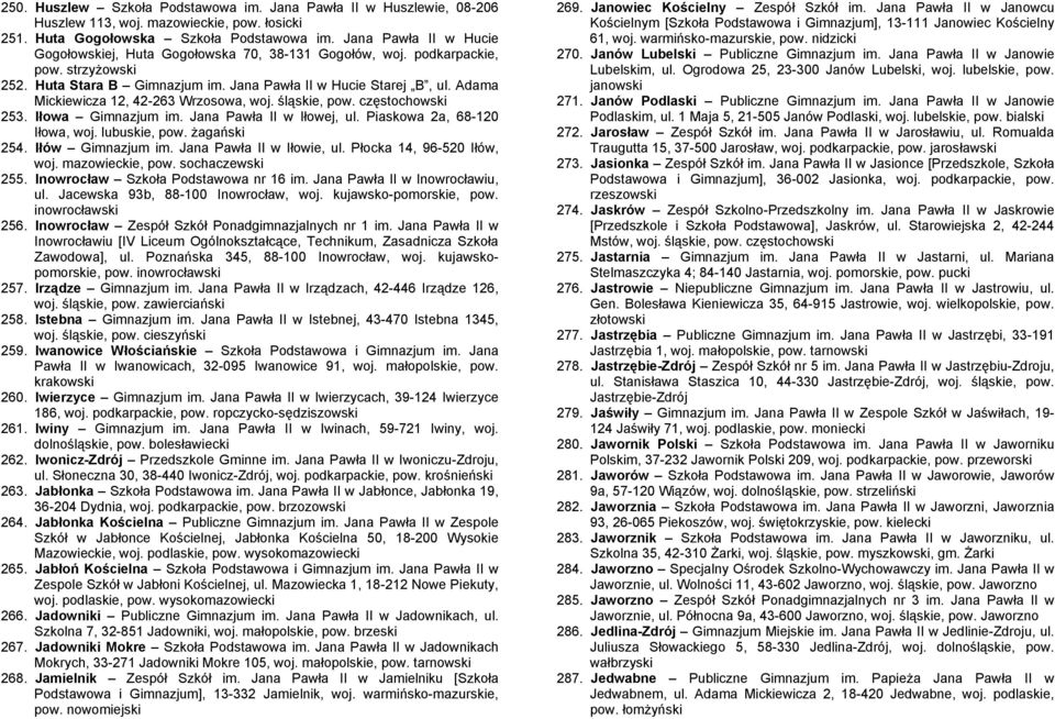 Adama Mickiewicza 12, 42-263 Wrzosowa, woj. śląskie, pow. częstochowski 253. Iłowa Gimnazjum im. Jana Pawła II w Iłowej, ul. Piaskowa 2a, 68-120 Iłowa, woj. lubuskie, pow. żagański 254.