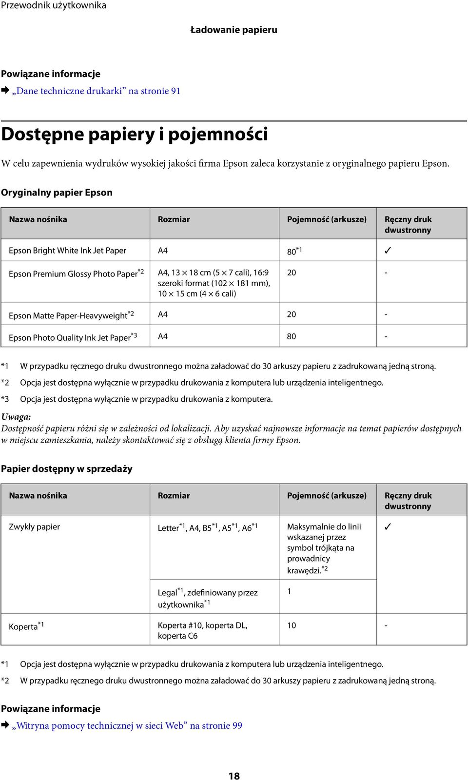 Oryginalny papier Epson Nazwa nośnika Rozmiar Pojemność (arkusze) Ręczny druk dwustronny Epson Bright White Ink Jet Paper A4 80 *1 Epson Premium Glossy Photo Paper *2 A4, 13 18 cm (5 7 cali), 16:9