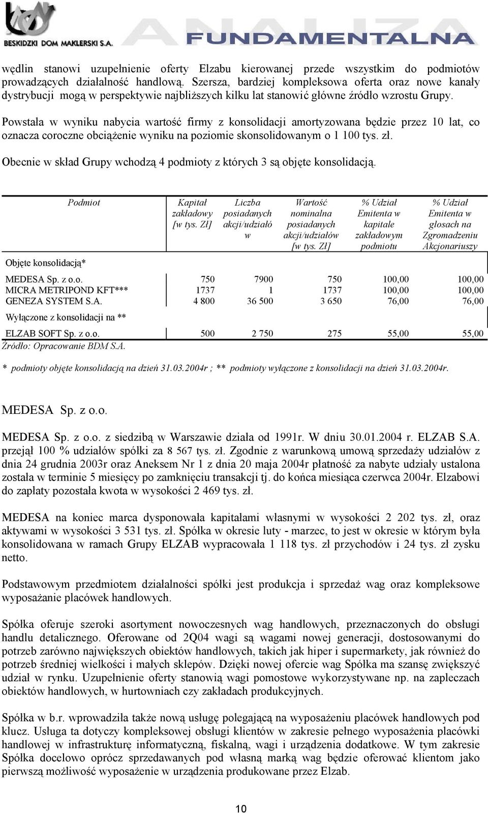 Powstała w wyniku nabycia wartość firmy z konsolidacji amortyzowana będzie przez 10 lat, co oznacza coroczne obciążenie wyniku na poziomie skonsolidowanym o 1 100 tys. zł.