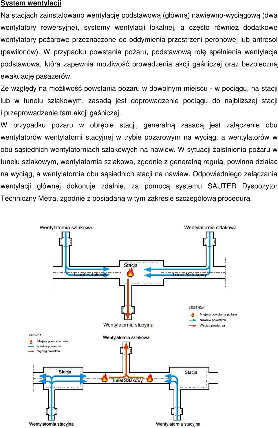 W przypadku powstania pożaru, podstawową rolę spełnienia wentylacja podstawowa, która zapewnia możliwość prowadzenia akcji gaśniczej oraz bezpieczną ewakuację pasażerów.