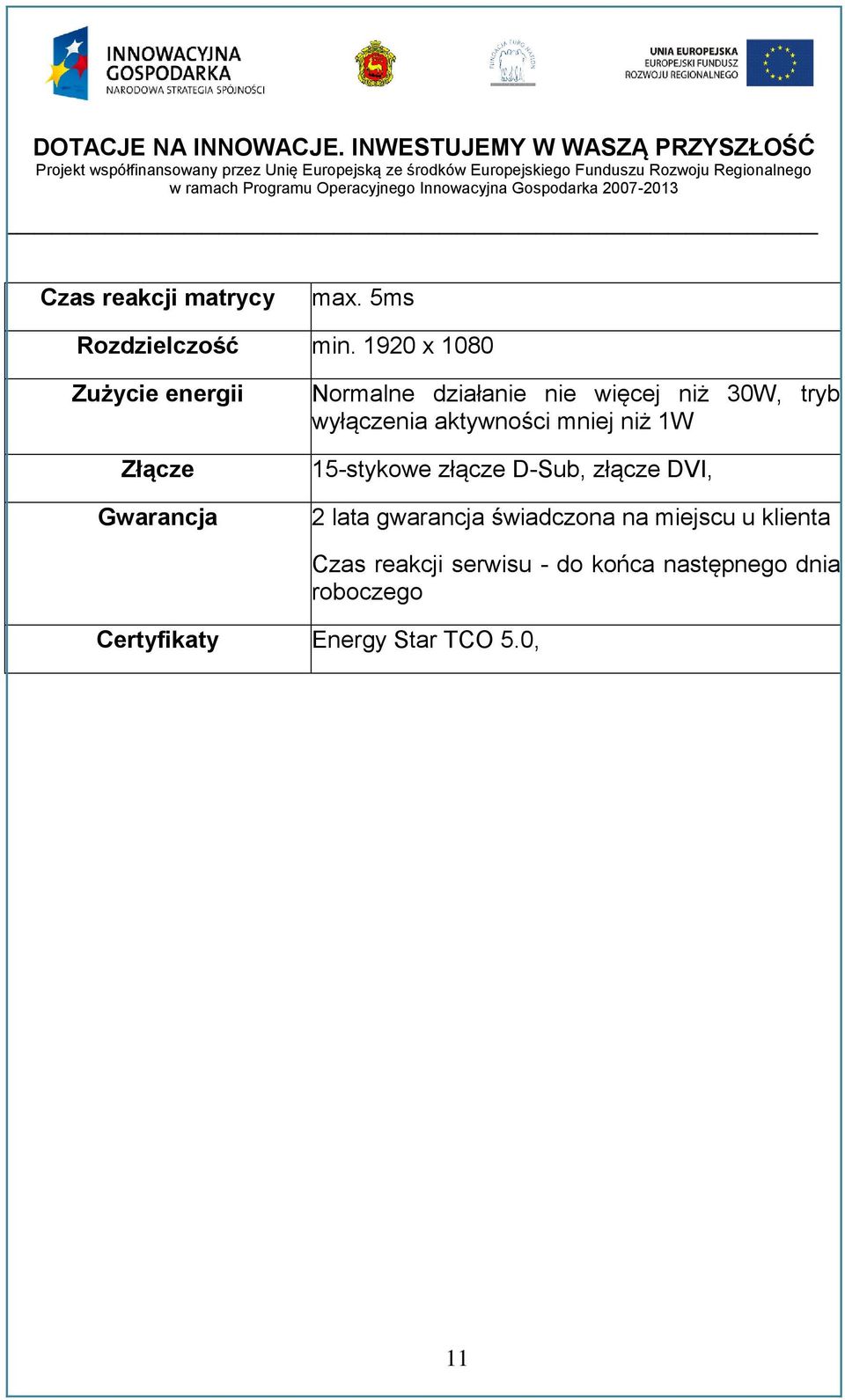 tryb wyłączenia aktywności mniej niż 1W 15-stykowe złącze D-Sub, złącze DVI, 2 lata