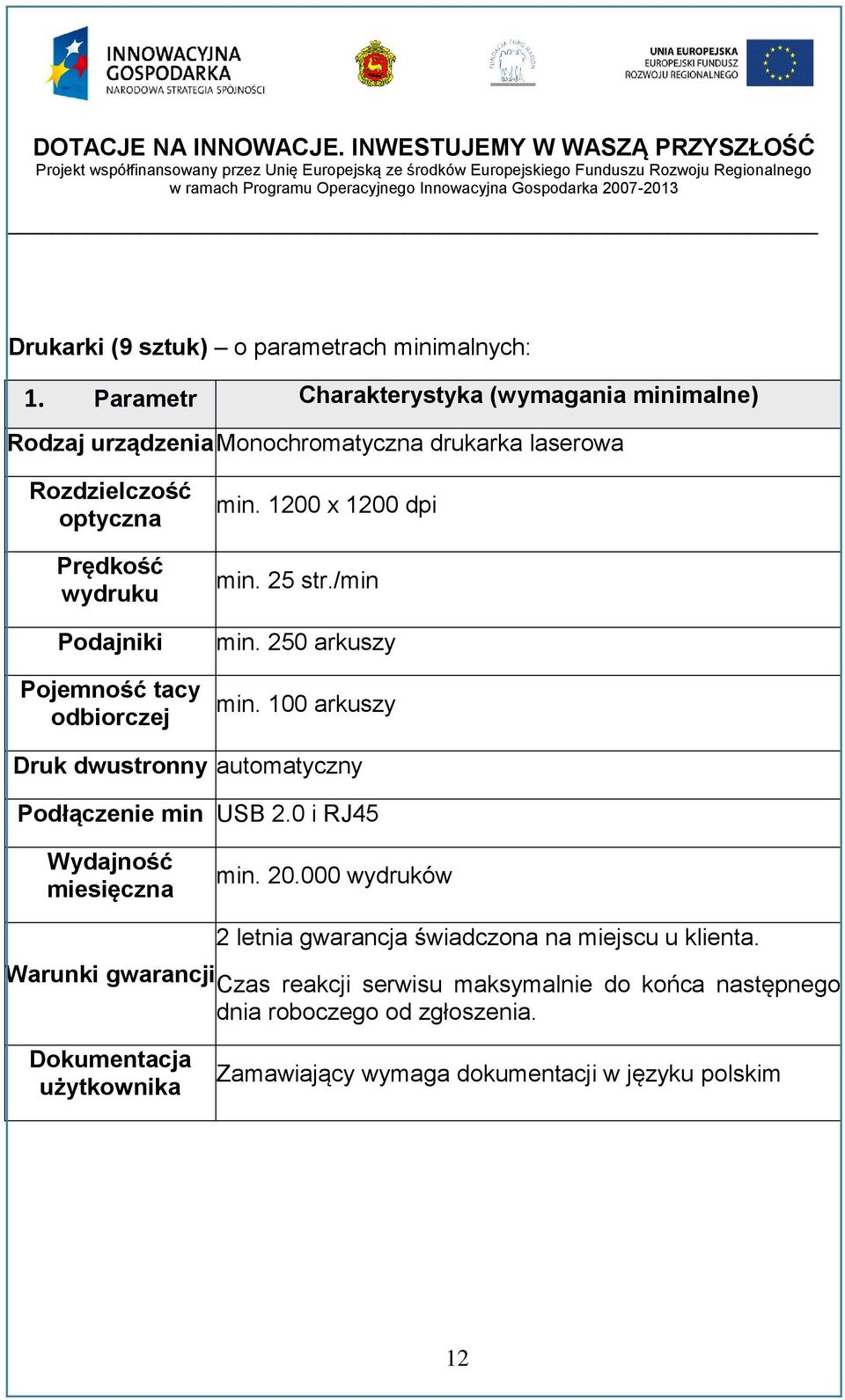 Pojemność tacy odbiorczej min. 1200 x 1200 dpi min. 25 str./min min. 250 arkuszy min. 100 arkuszy Druk dwustronny automatyczny Podłączenie min USB 2.