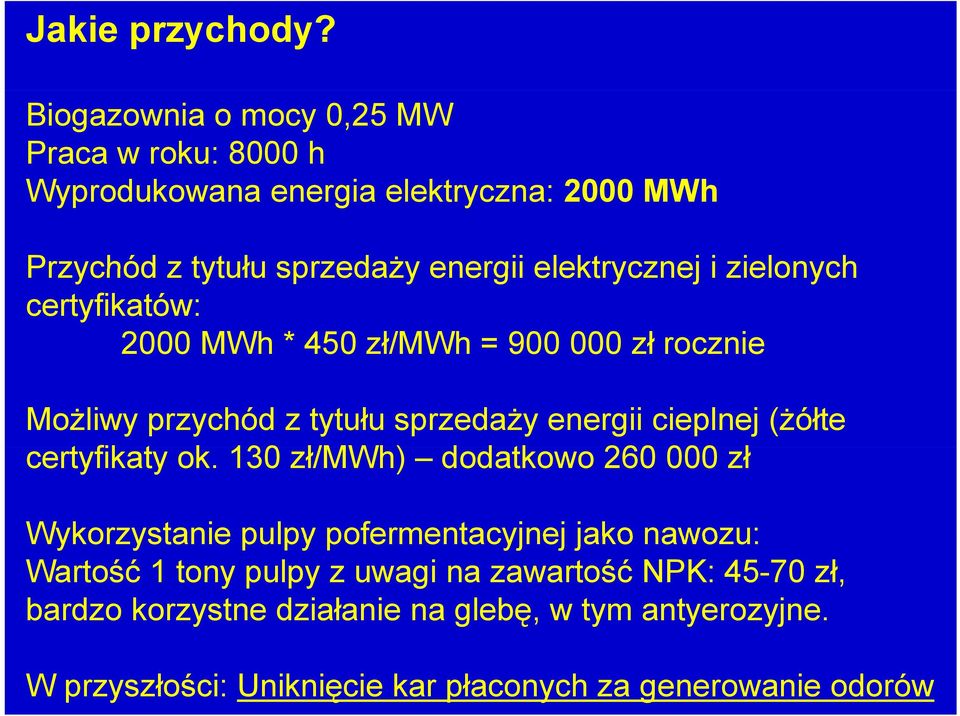 zielonych certyfikatów: 2000 MWh * 450 zł/mwh = 900 000 zł rocznie Możliwy przychód z tytułu sprzedaży energii cieplnej (żółte certyfikaty t