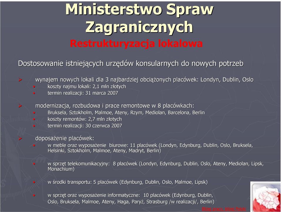 Barcelona, Berlin B koszty remontów: 2,7 mln złotych termin realizacji: 30 czerwca 2007 doposażenie placówek: w meble oraz wyposażenie biurowe: 11 placówek (Londyn, Edynburg, Dublin, Oslo, Bruksela,