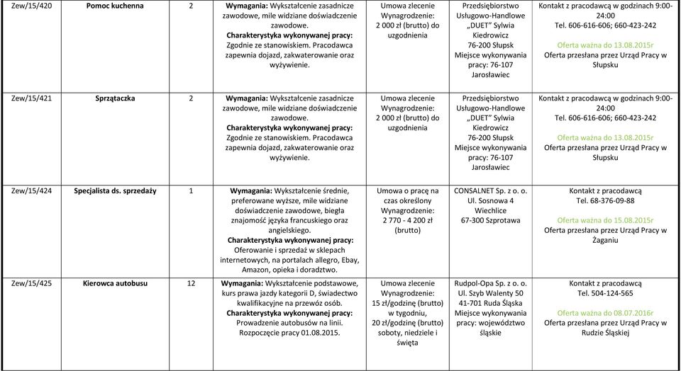 606-616-606; 660-423-242 Oferta ważna do 13.08.2015r Słupsku Zew/15/421 Sprzątaczka 2 Wymagania: Wykształcenie zasadnicze zawodowe, mile widziane doświadczenie zawodowe. Zgodnie ze stanowiskiem.
