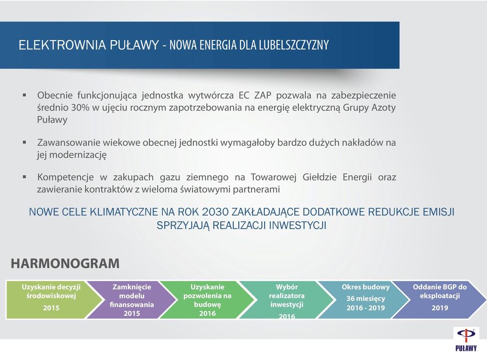 Energii oraz zawieranie kontraktów z wieloma światowymi partnerami NOWE CELE KLIMATYCZNE NA ROK 2030 ZAKŁADAJĄCE DODATKOWE REDUKCJE EMISJI SPRZYJAJĄ REALIZACJI INWESTYCJI HARMONOGRAM