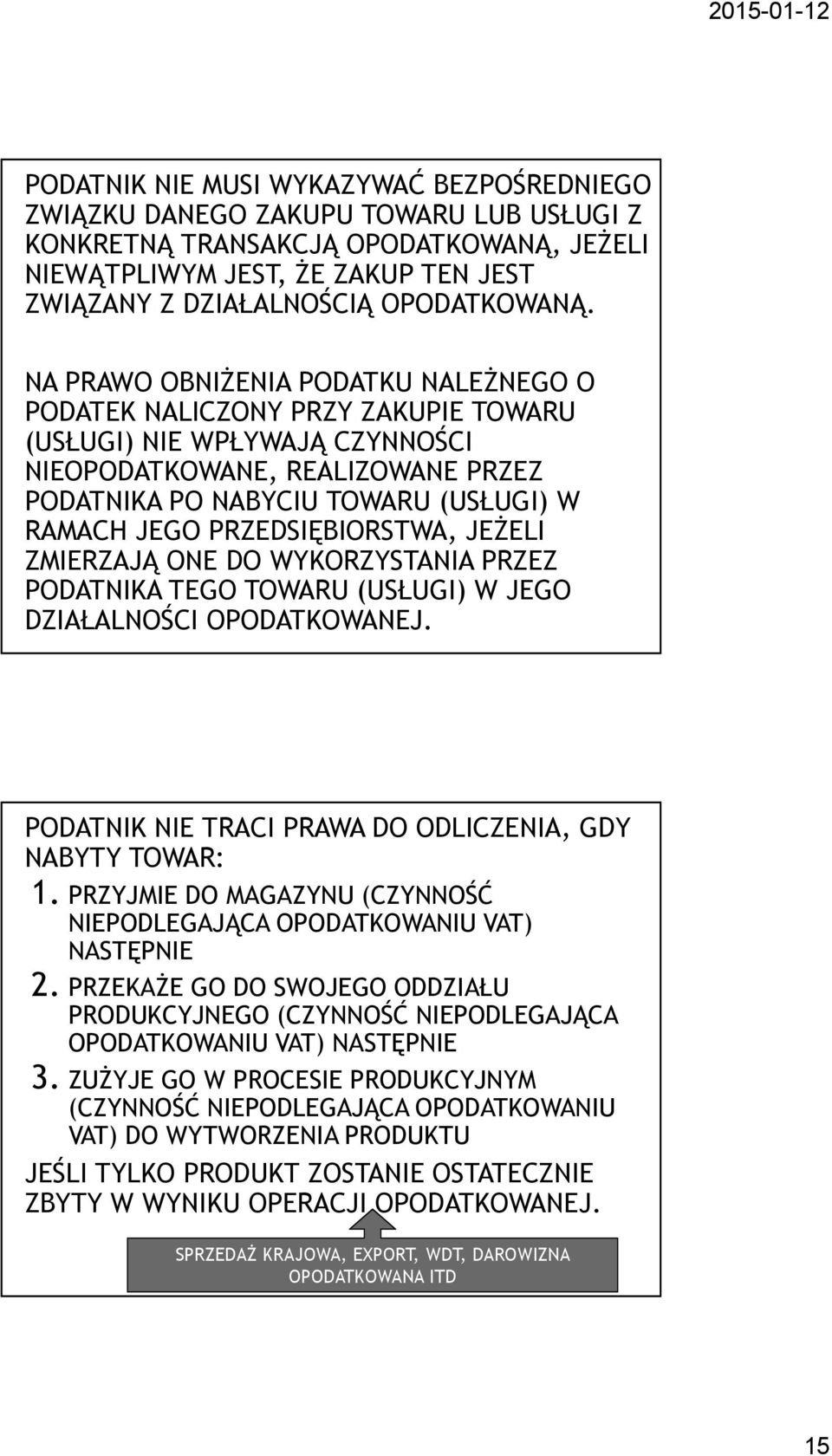 NA PRAWO OBNIŻENIA PODATKU NALEŻNEGO O PODATEK NALICZONY PRZY ZAKUPIE TOWARU (USŁUGI) NIE WPŁYWAJĄ CZYNNOŚCI NIEOPODATKOWANE, REALIZOWANE PRZEZ PODATNIKA PO NABYCIU TOWARU (USŁUGI) W RAMACH JEGO