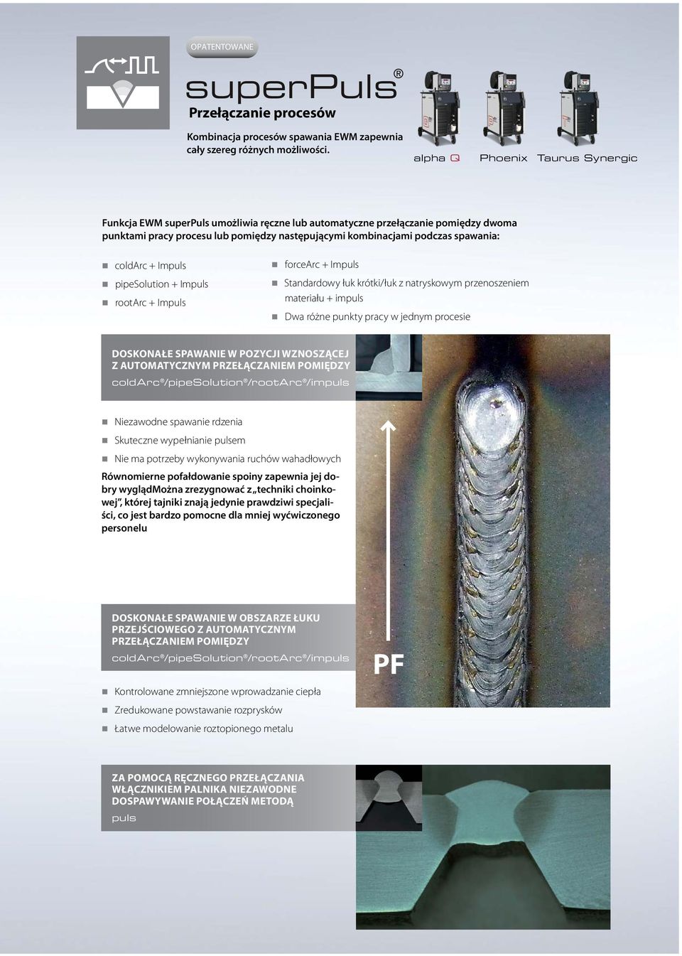 coldarc + Impuls pipesolution + Impuls rootarc + Impuls forcearc + Impuls Standardowy łuk krótki/łuk z natryskowym przenoszeniem materiału + impuls Dwa różne punkty pracy w jednym procesie Doskonałe