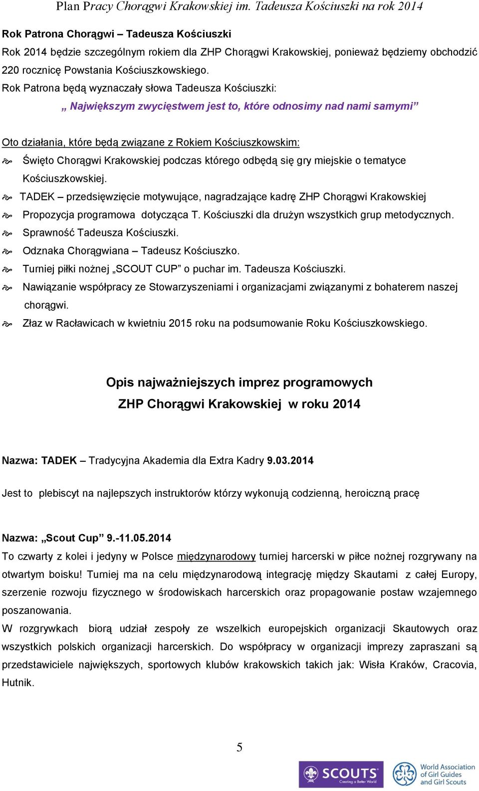 Krakowskiej podczas którego odbędą się gry miejskie o tematyce Kościuszkowskiej. TADEK przedsięwzięcie motywujące, nagradzające kadrę ZHP Chorągwi Krakowskiej Propozycja programowa dotycząca T.