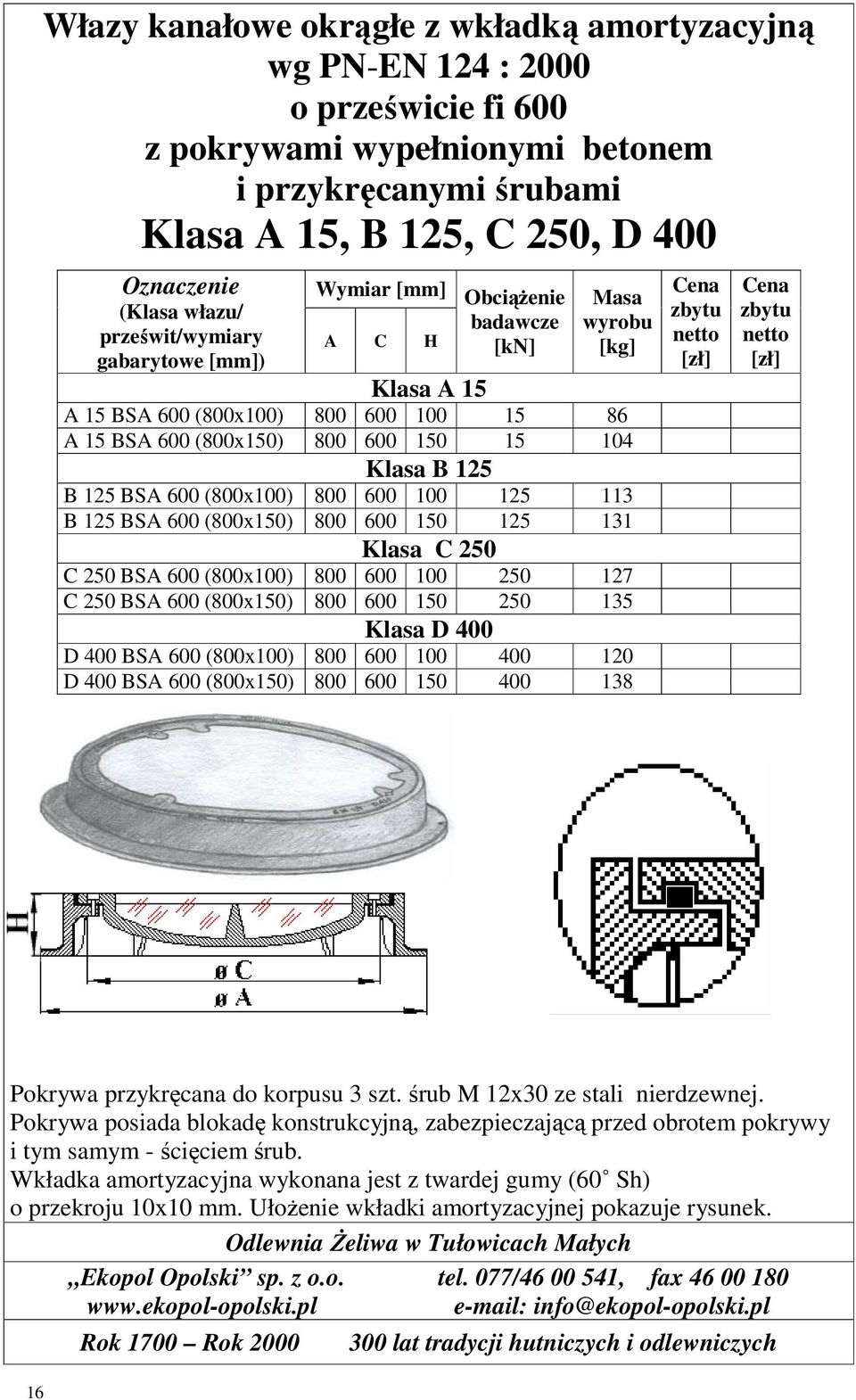 (800x150) 800 600 150 250 135 Klasa D 400 D 400 BSA 600 (800x100) 800 600 100 400 120 D 400 BSA 600 (800x150) 800 600 150 400 138 Pokrywa przykręcana do korpusu 3 szt.