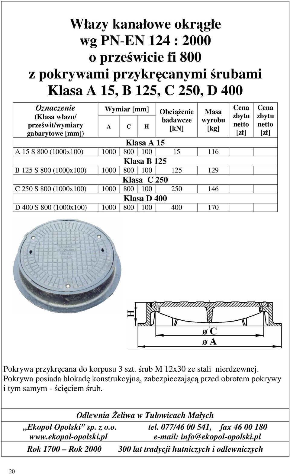 100 250 146 Klasa D 400 D 400 S 800 (1000x100) 1000 800 100 400 170 Pokrywa przykręcana do korpusu 3 szt.