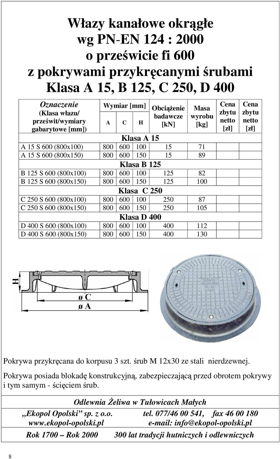 250 87 C 250 S 600 (800x150) 800 600 150 250 105 Klasa D 400 D 400 S 600 (800x100) 800 600 100 400 112 D 400 S 600 (800x150) 800 600 150 400 130 Pokrywa