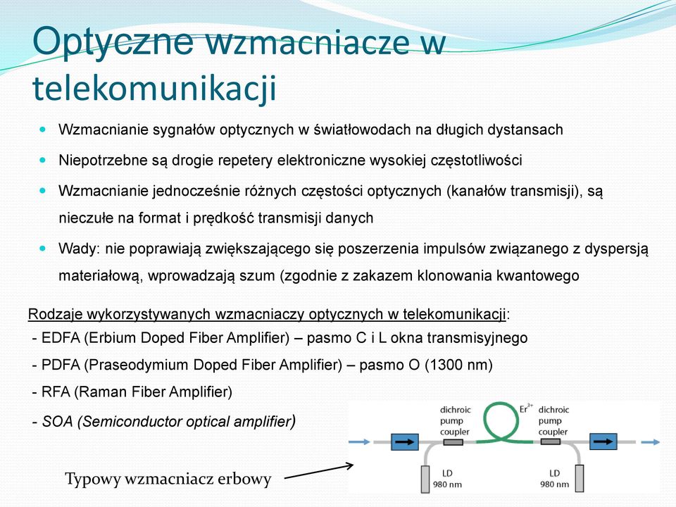 związanego z dyspersją materiałową, wprowadzają szum (zgodnie z zakazem klonowania kwantowego Rodzaje wykorzystywanych wzmacniaczy optycznych w telekomunikacji: - EDFA (Erbium Doped Fiber