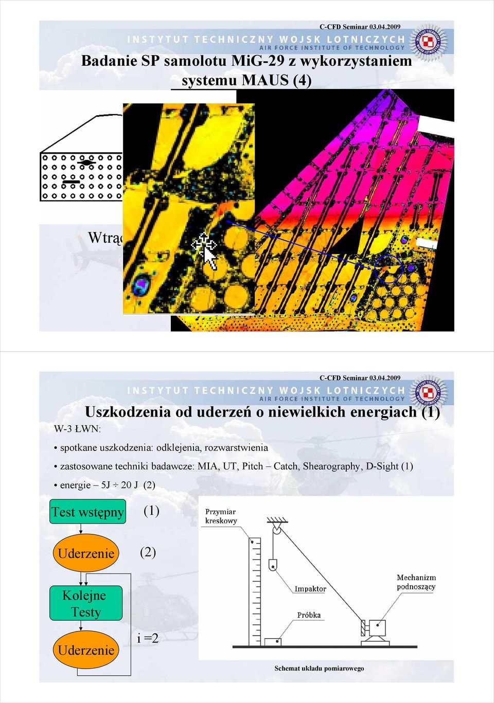 rozwarstwienia zastosowane techniki badawcze: MIA, UT, Pitch Catch, Shearography, D-Sight