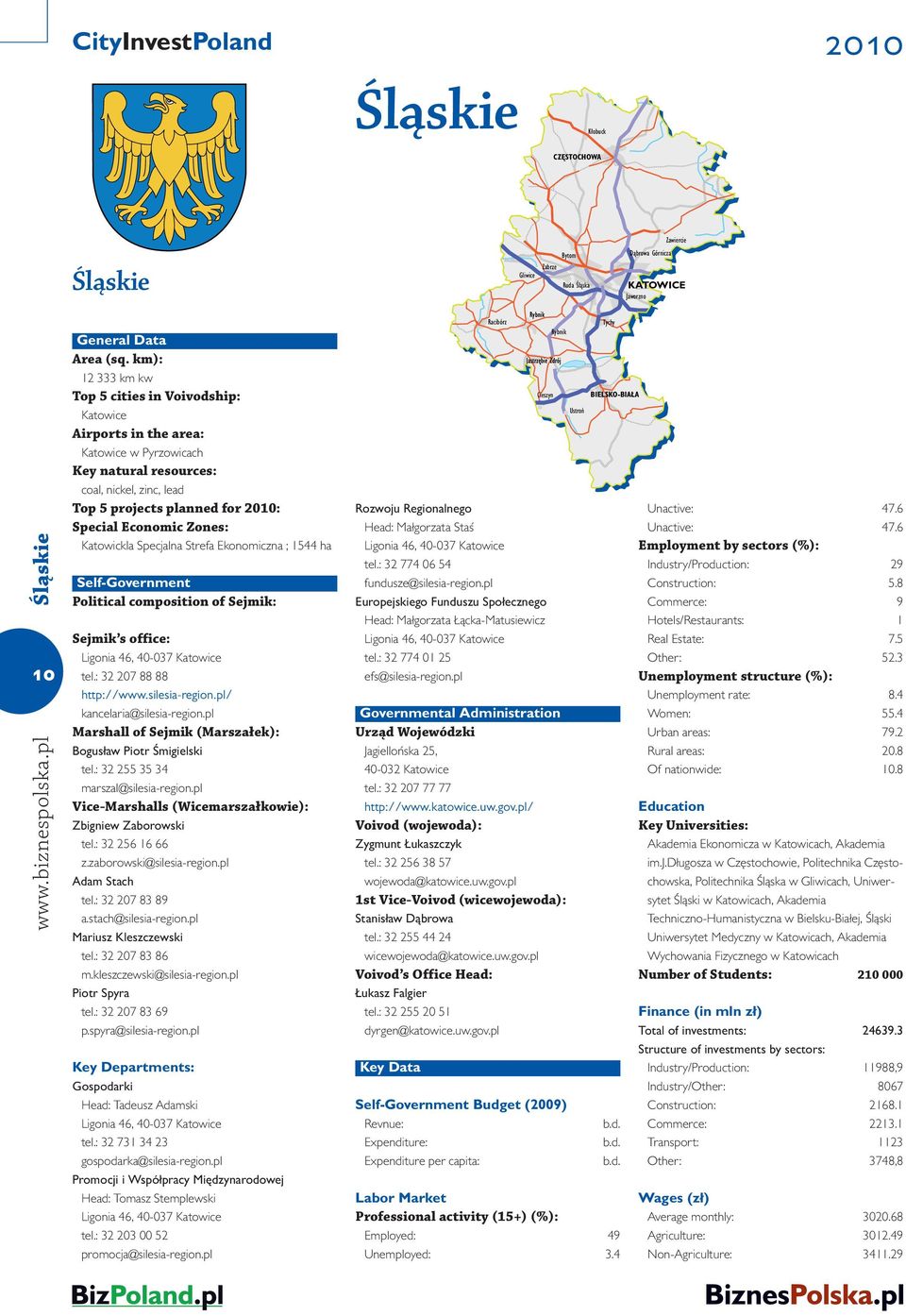 Specjalna Strefa Ekonomiczna ; 1544 ha Self-Government Political composition of Sejmik: Sejmik s office: Ligonia 46, 40-037 Katowice tel.: 32 207 88 88 http://www.silesia-region.