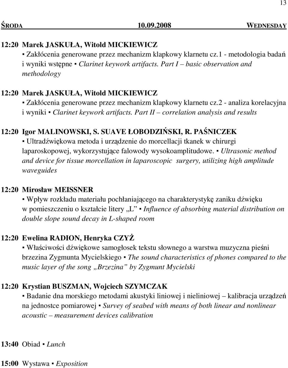 Part II correlation analysis and results 12:20 Igor MALINOWSKI, S. SUAVE ŁOBODZIŃSKI, R.