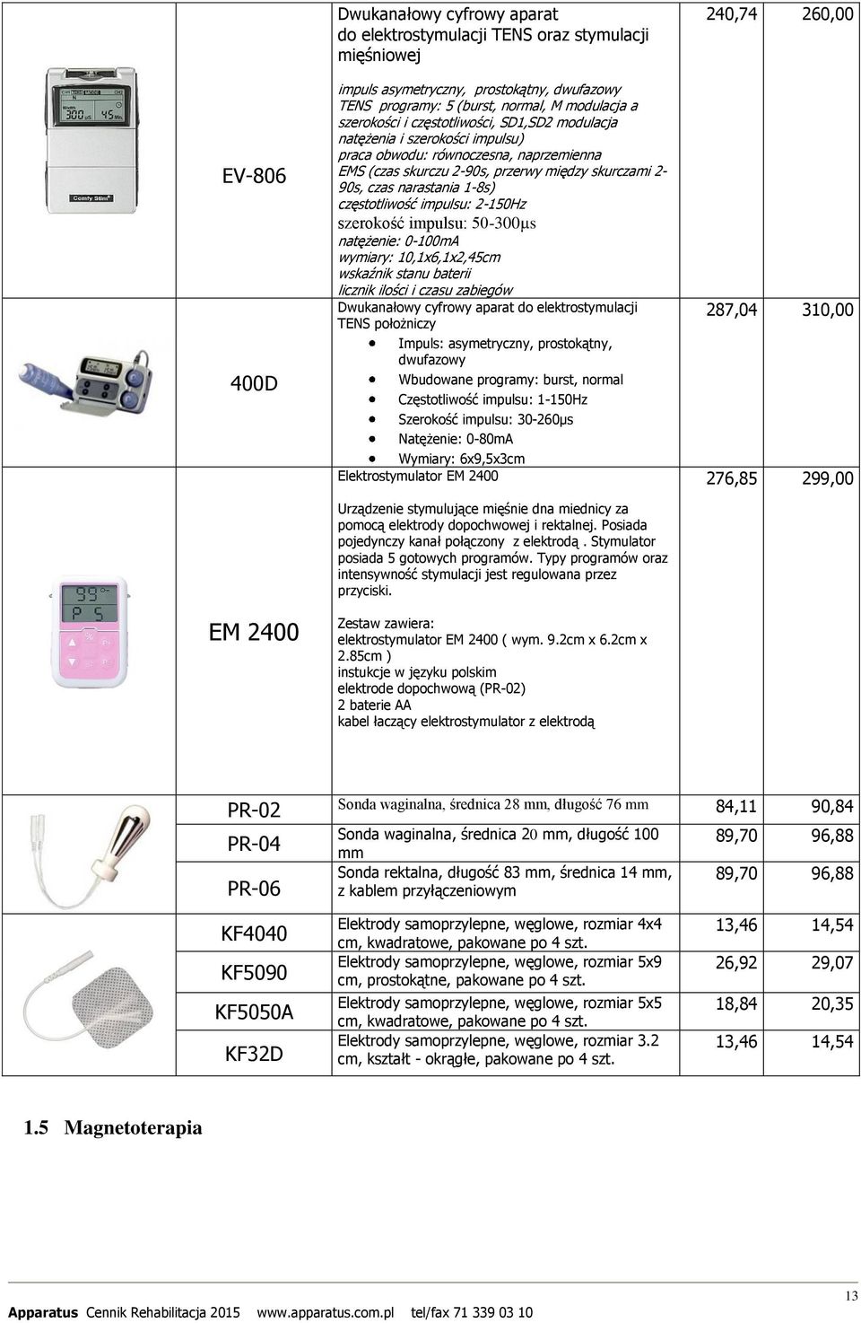 częstotliwość impulsu: 2-150Hz szerokość impulsu: 50-300 s natężenie: 0-100mA wymiary: 10,1x6,1x2,45cm wskaźnik stanu baterii licznik ilości i czasu zabiegów Dwukanałowy cyfrowy aparat do