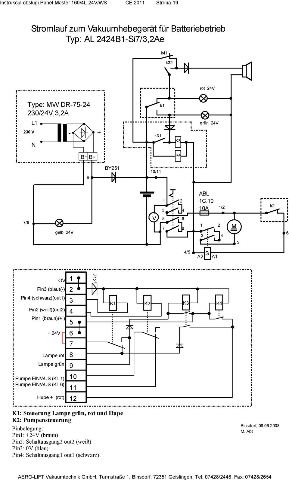 10 10A 1/2 k2 7/8 gelb 24V V 5 6 7 8 1 2 3 4 M 6 3 4/5 S A2 A1 OV 1 Z12 Pin3 (blau)(-) 2 Pin4 (schwarz)(out1) Pin2 (weiß)(out2) Pin1 (braun)(+) 3 4 5 K1 K2 K3 K4 + 24V 6 7 Lampe