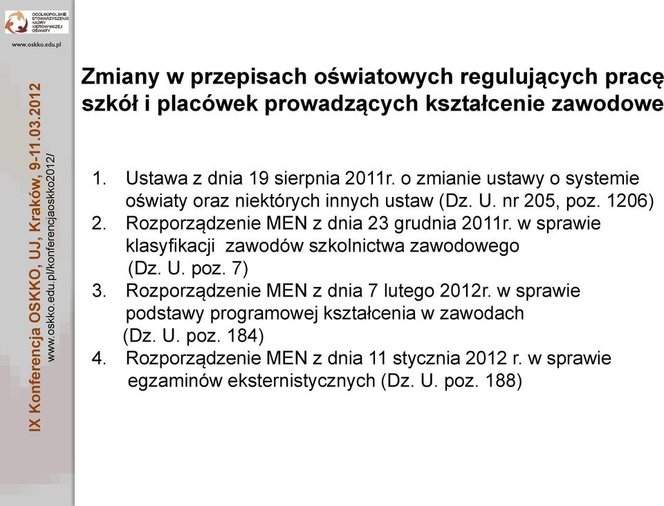 Rozporządzenie MEN z dnia 23 grudnia 2011r. w sprawie klasyfikacji zawodów szkolnictwa zawodowego (Dz. U. poz. 7) 3.
